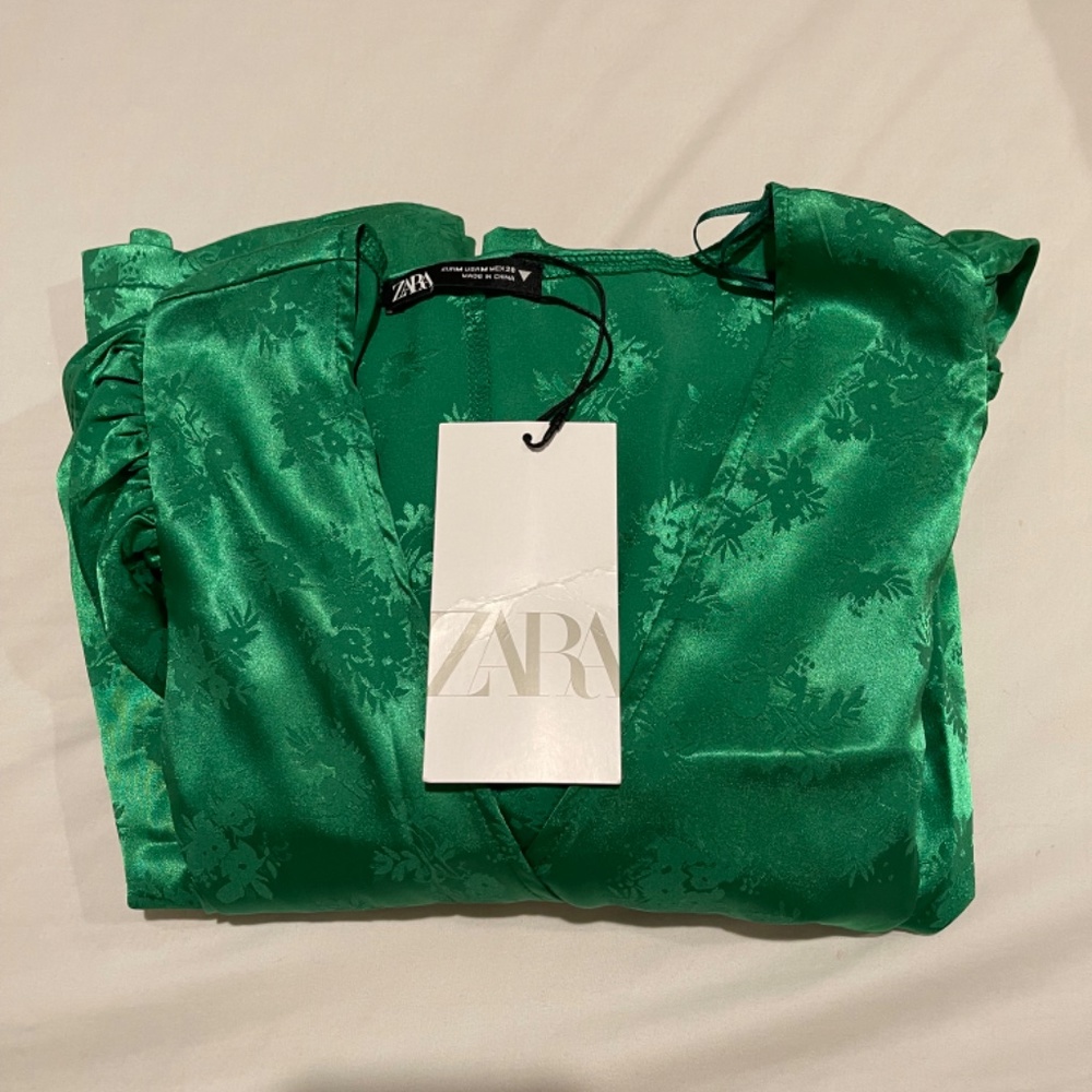 Zara Emerald Green Satin Wrap Mini Dress - Picture 5 of 5